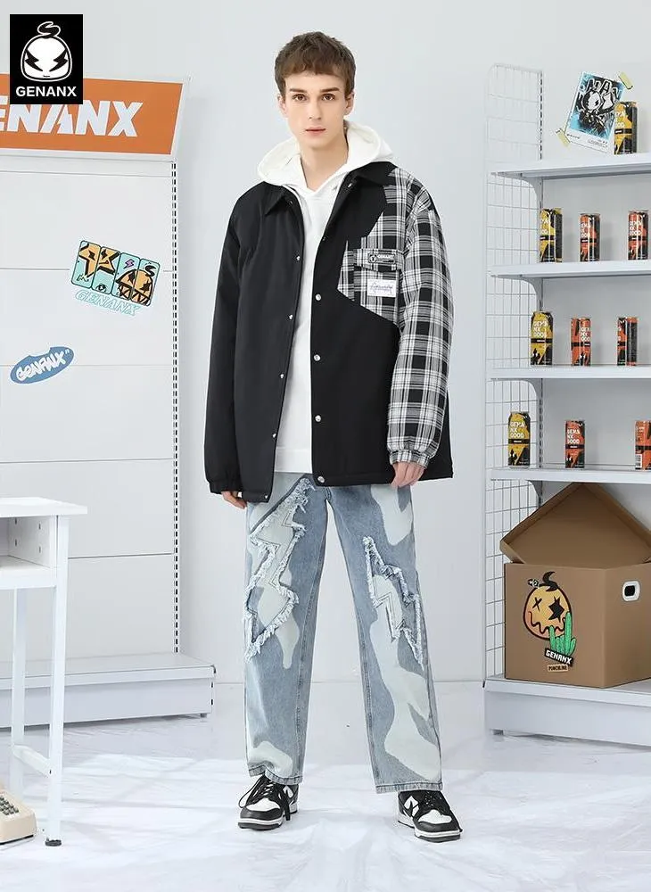 Single-Breasted Lapel Plaid Patchwork Padded Coat