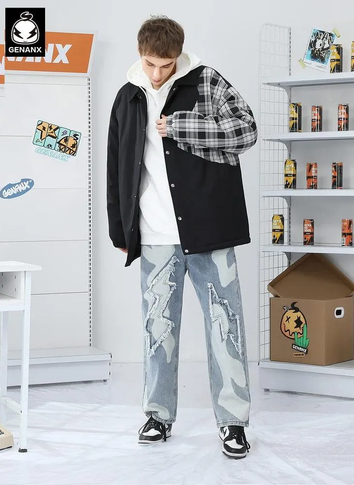 Single-Breasted Lapel Plaid Patchwork Padded Coat