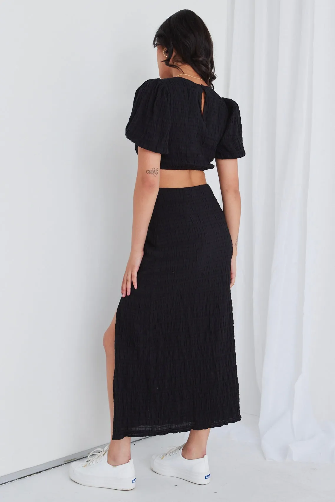 Skyler Black Shirred Cotton SS Cut Out Maxi Dress