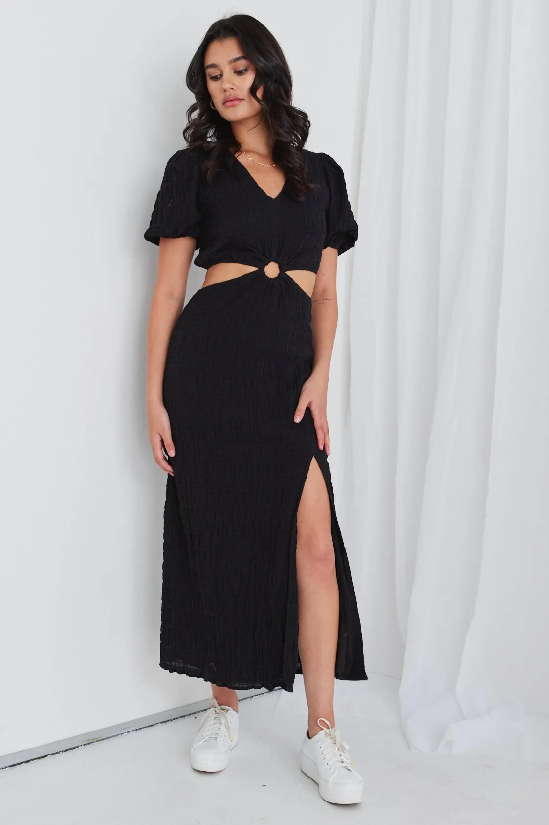Skyler Black Shirred Cotton SS Cut Out Maxi Dress