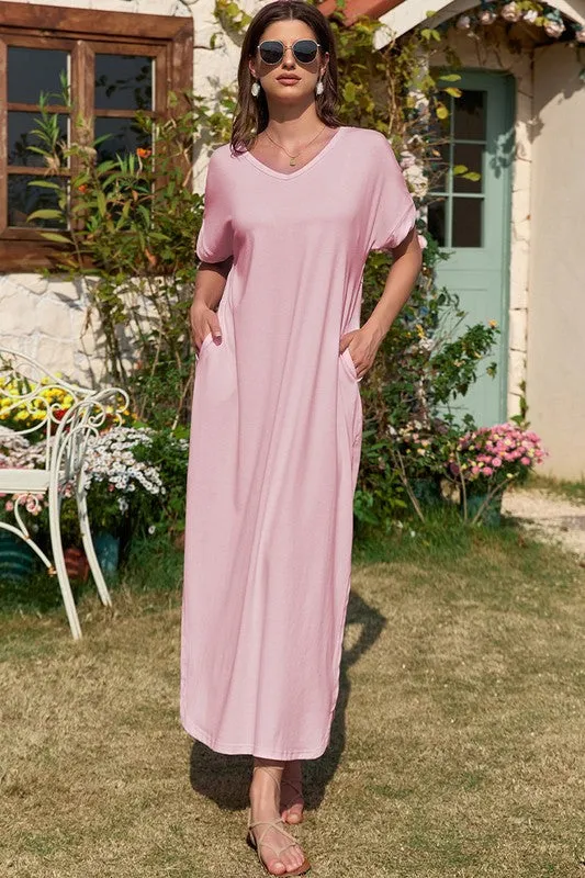 Soft Green Hidden Pocket Splits Maxi T-Shirt Dress