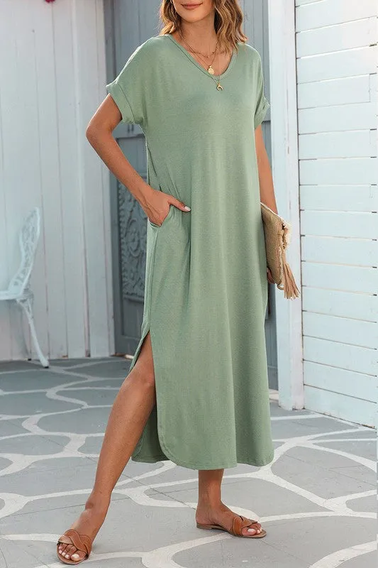 Soft Green Hidden Pocket Splits Maxi T-Shirt Dress