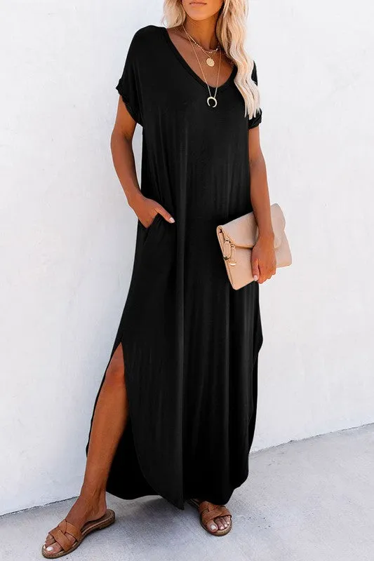 Soft Green Hidden Pocket Splits Maxi T-Shirt Dress