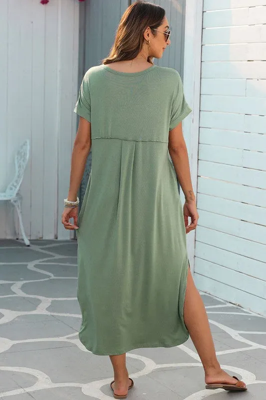 Soft Green Hidden Pocket Splits Maxi T-Shirt Dress