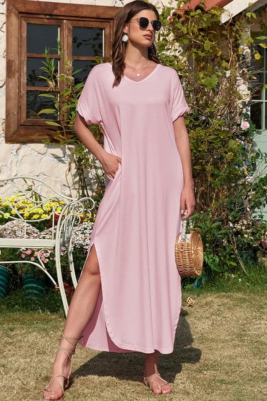 Soft Green Hidden Pocket Splits Maxi T-Shirt Dress