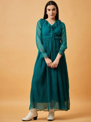 Teal V-Neck Solid Georgette Maxi Dress