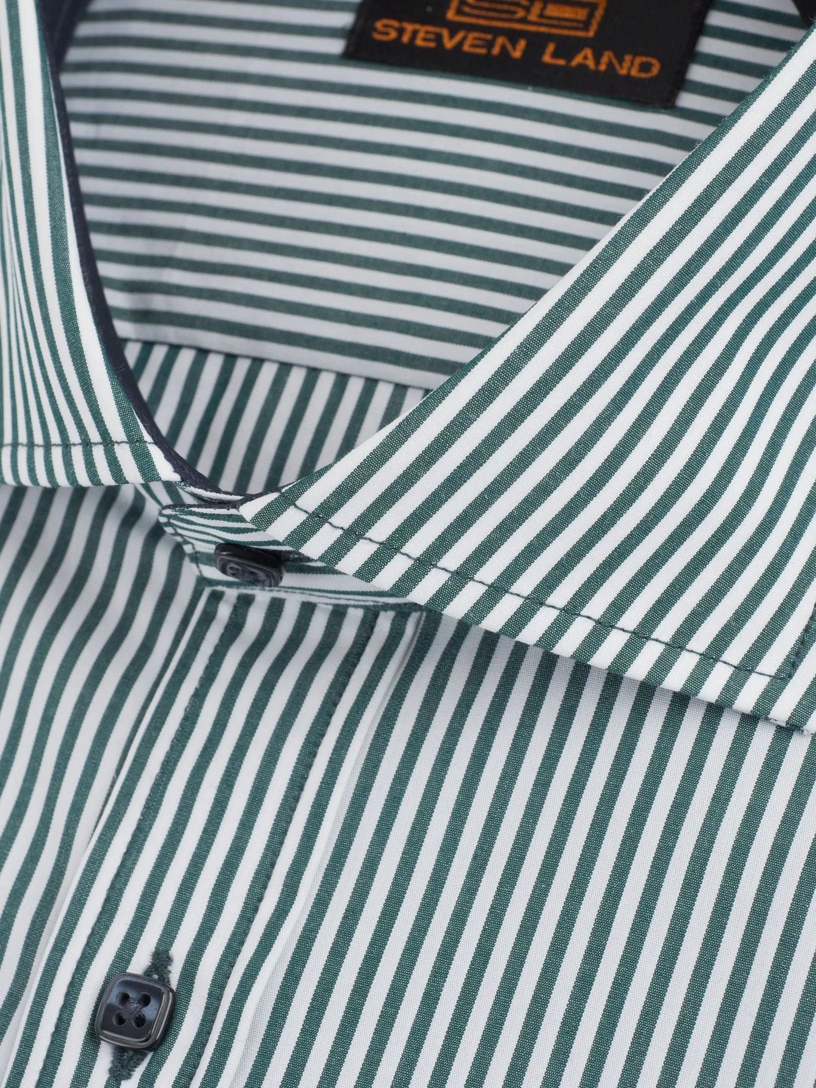The Earl Striped Dress Shirt | Barrel Cuff & Spread Collar | Forest Green