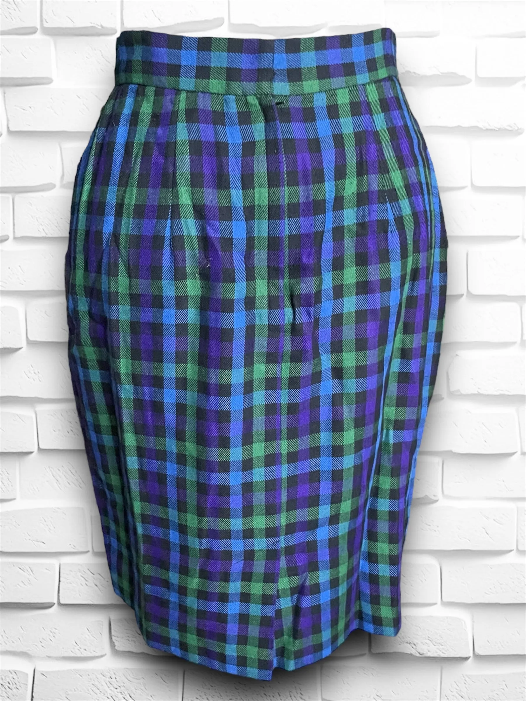Vintage 1990’s Purple, Blue, Green & Black Plaid Pencil Skirt
