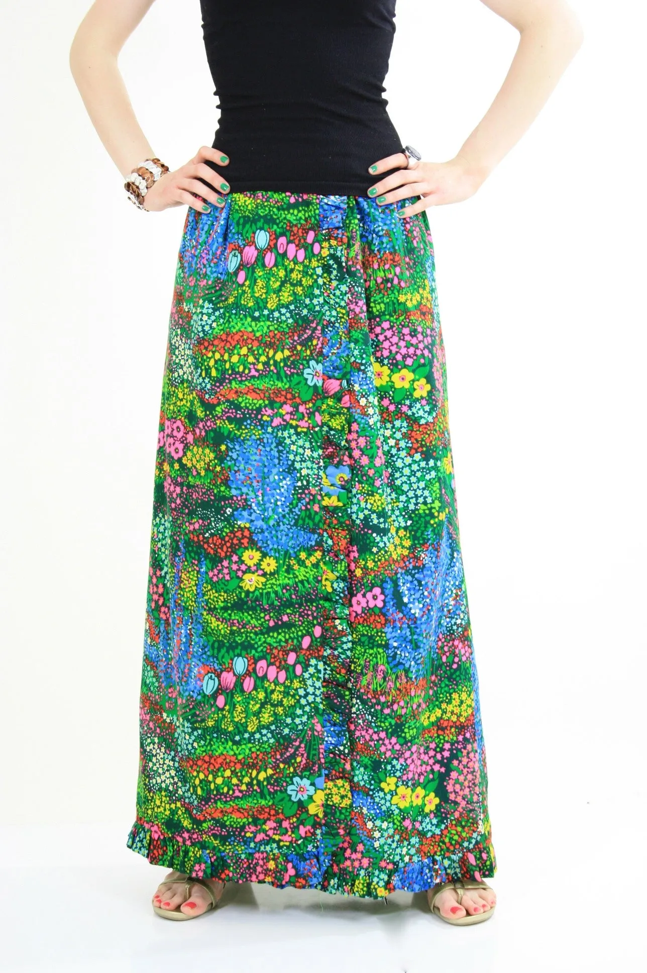 Vintage 60s boho Hippie wrap maxi skirt neon floral