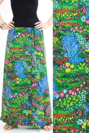 Vintage 60s boho Hippie wrap maxi skirt neon floral