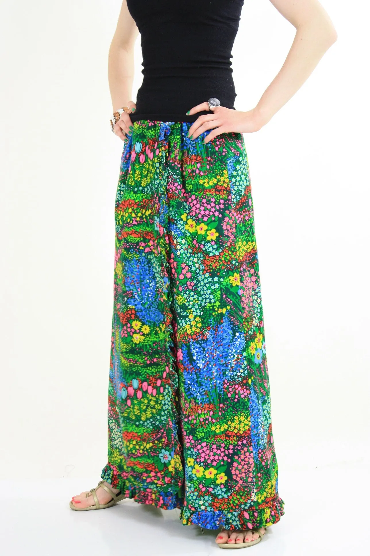 Vintage 60s boho Hippie wrap maxi skirt neon floral