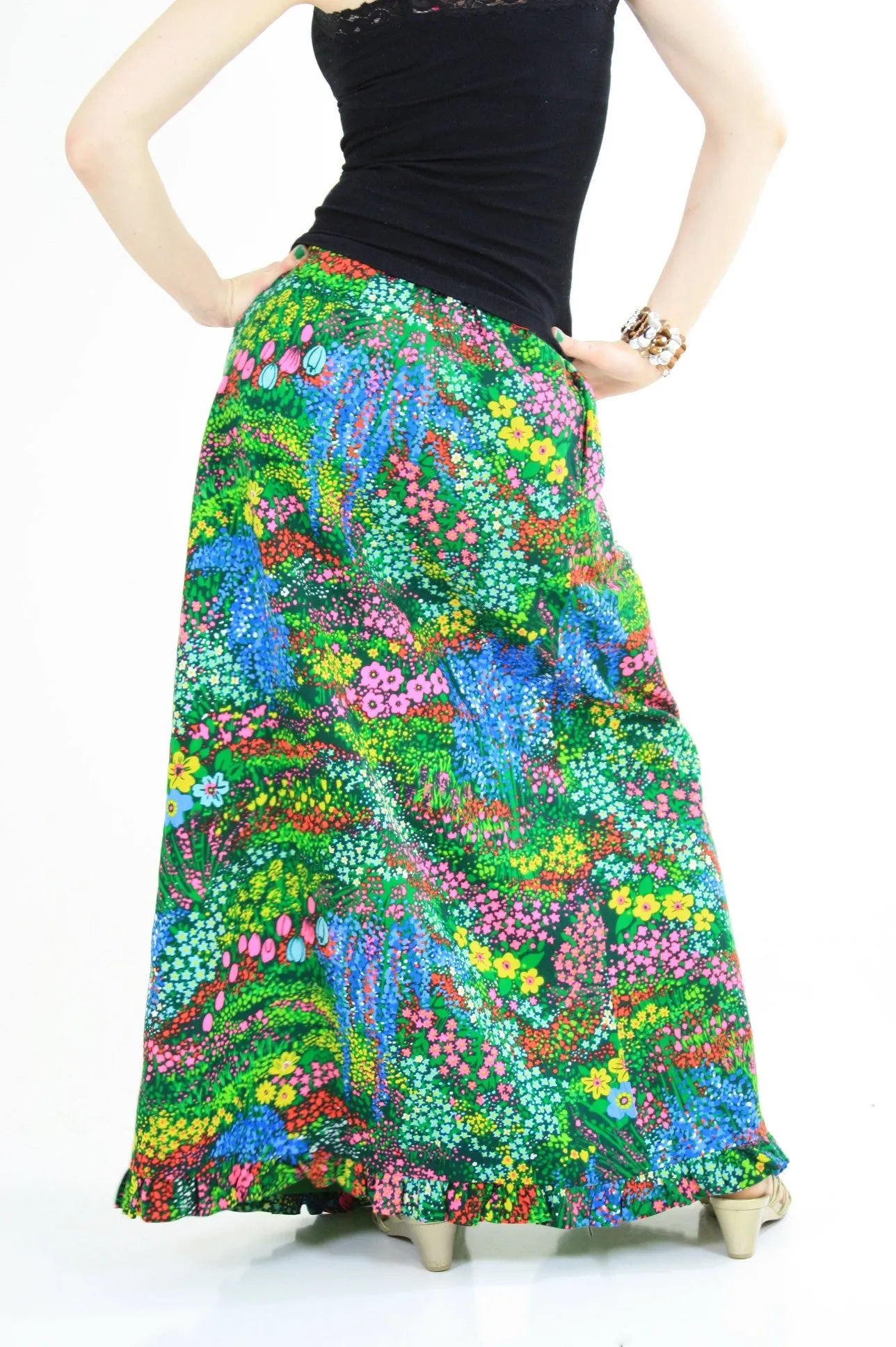 Vintage 60s boho Hippie wrap maxi skirt neon floral