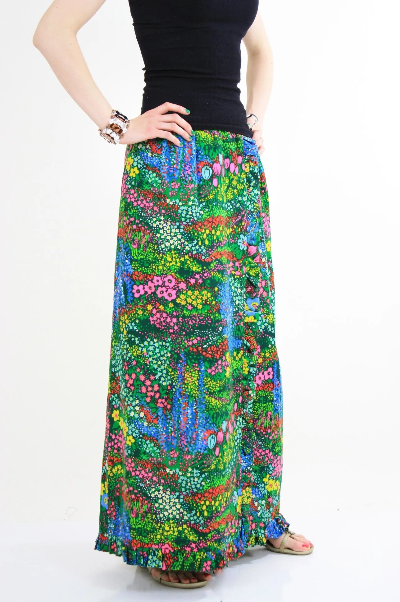Vintage 60s boho Hippie wrap maxi skirt neon floral