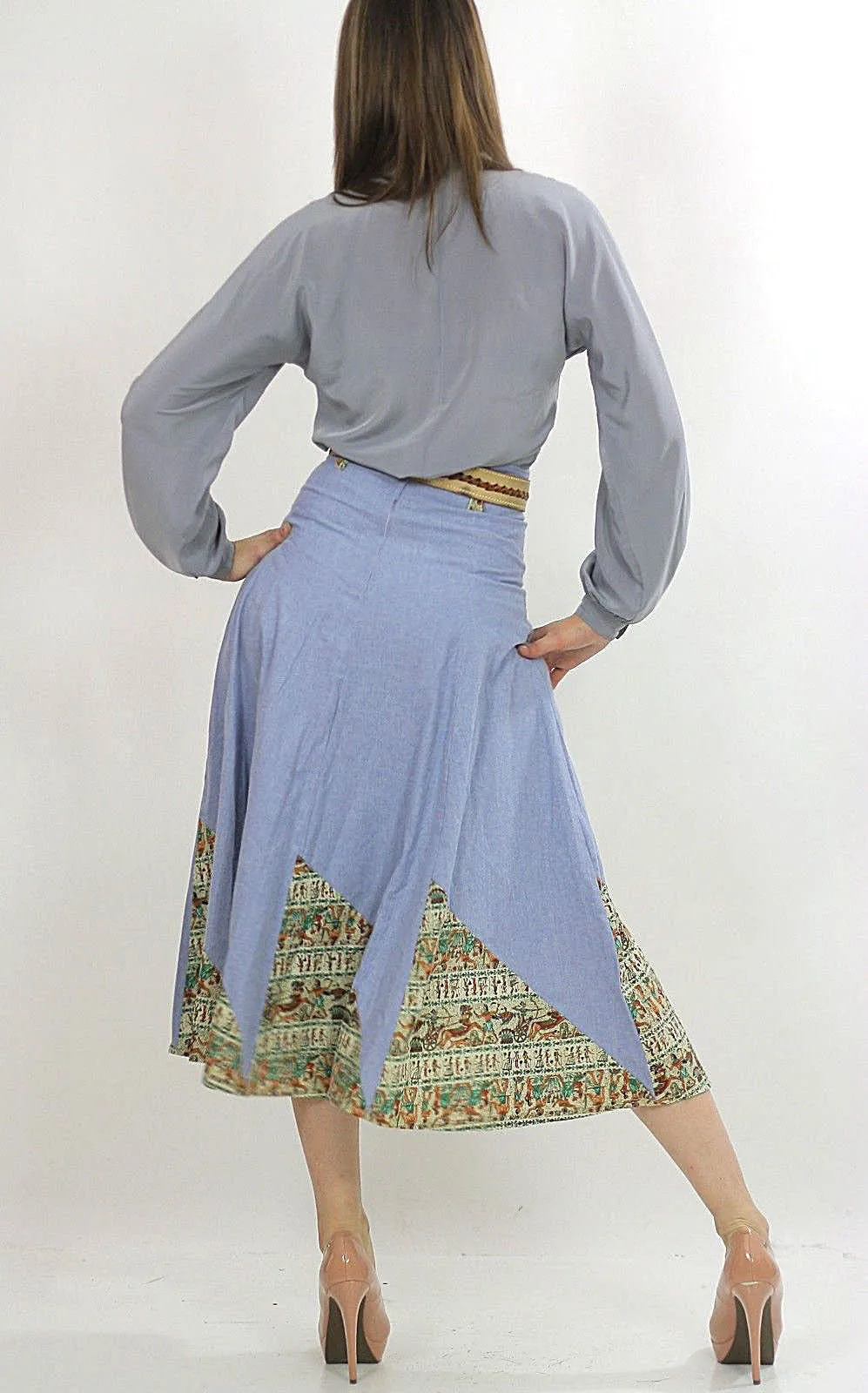 Vintage 70s Boho blue chambray patchwork maxi skirt