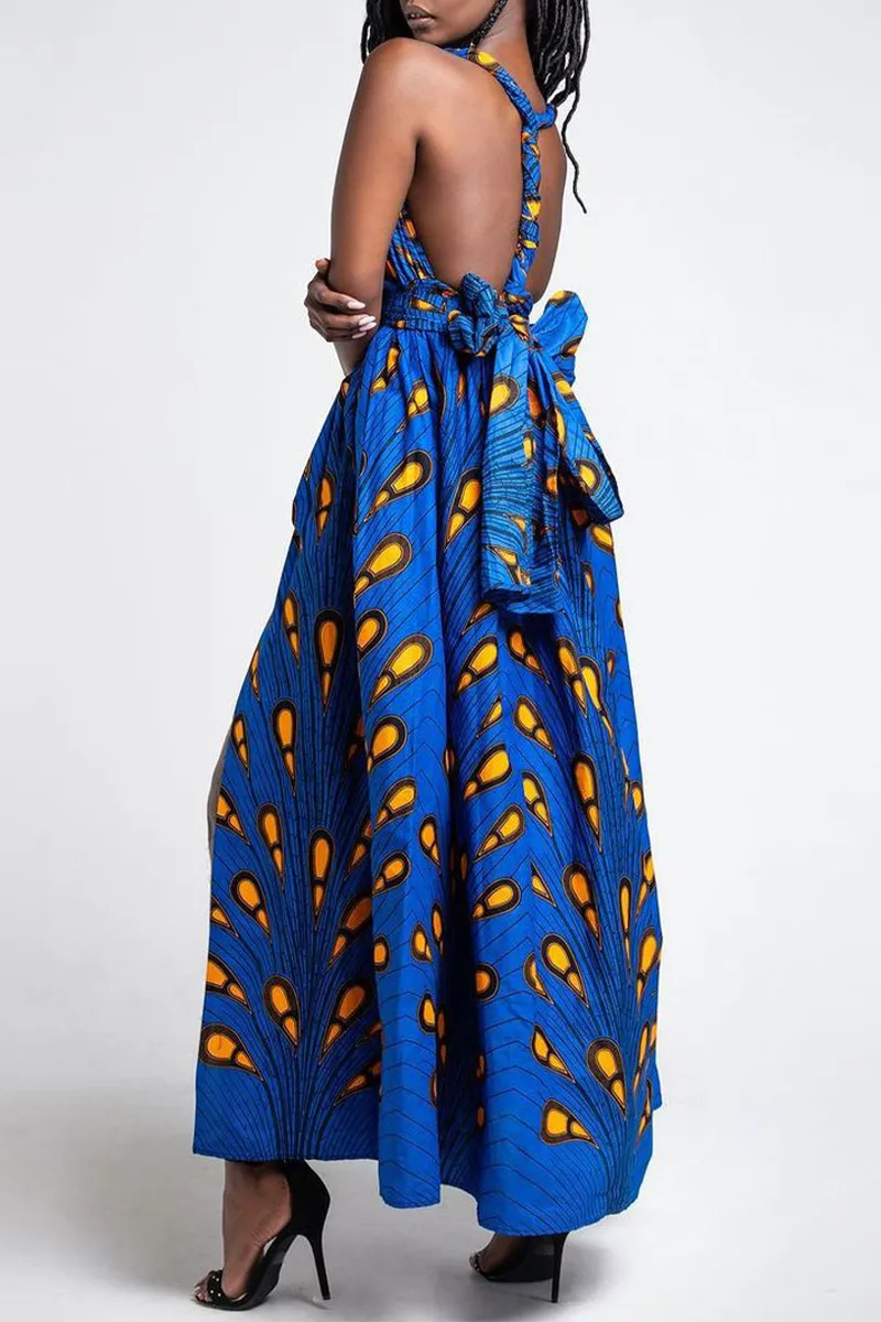 Vintage Print Backless V Neck A Line Dresses