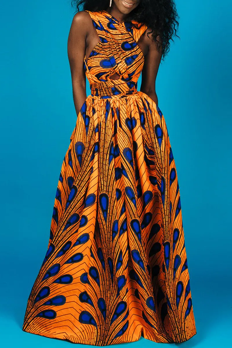 Vintage Print Backless V Neck A Line Dresses