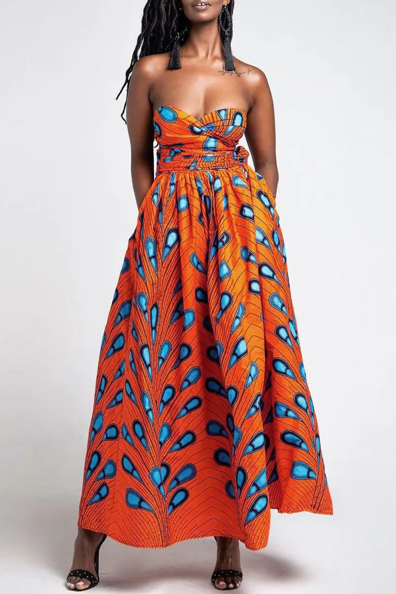 Vintage Print Backless V Neck A Line Dresses