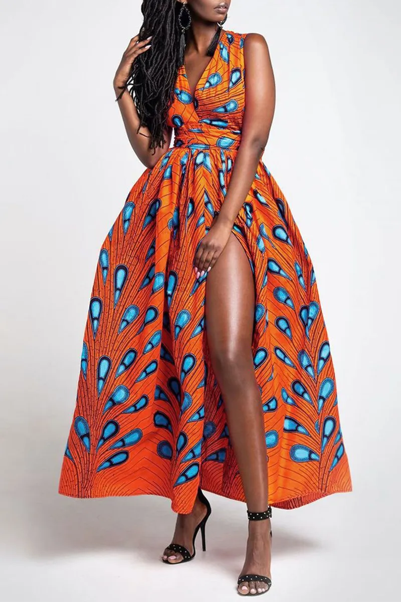 Vintage Print Backless V Neck A Line Dresses