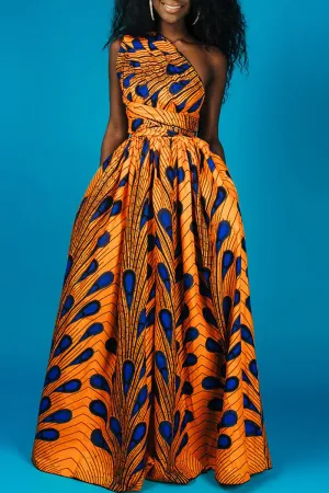 Vintage Print Backless V Neck A Line Dresses