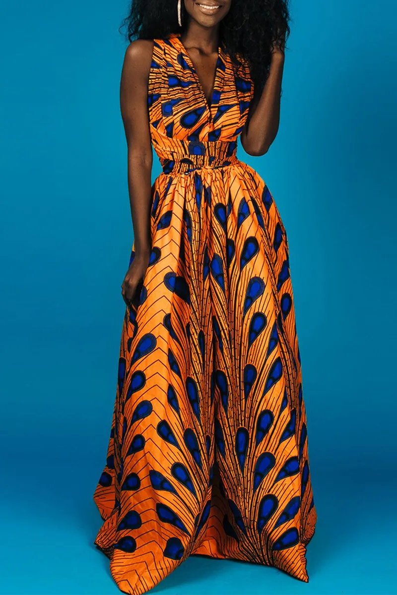 Vintage Print Backless V Neck A Line Dresses