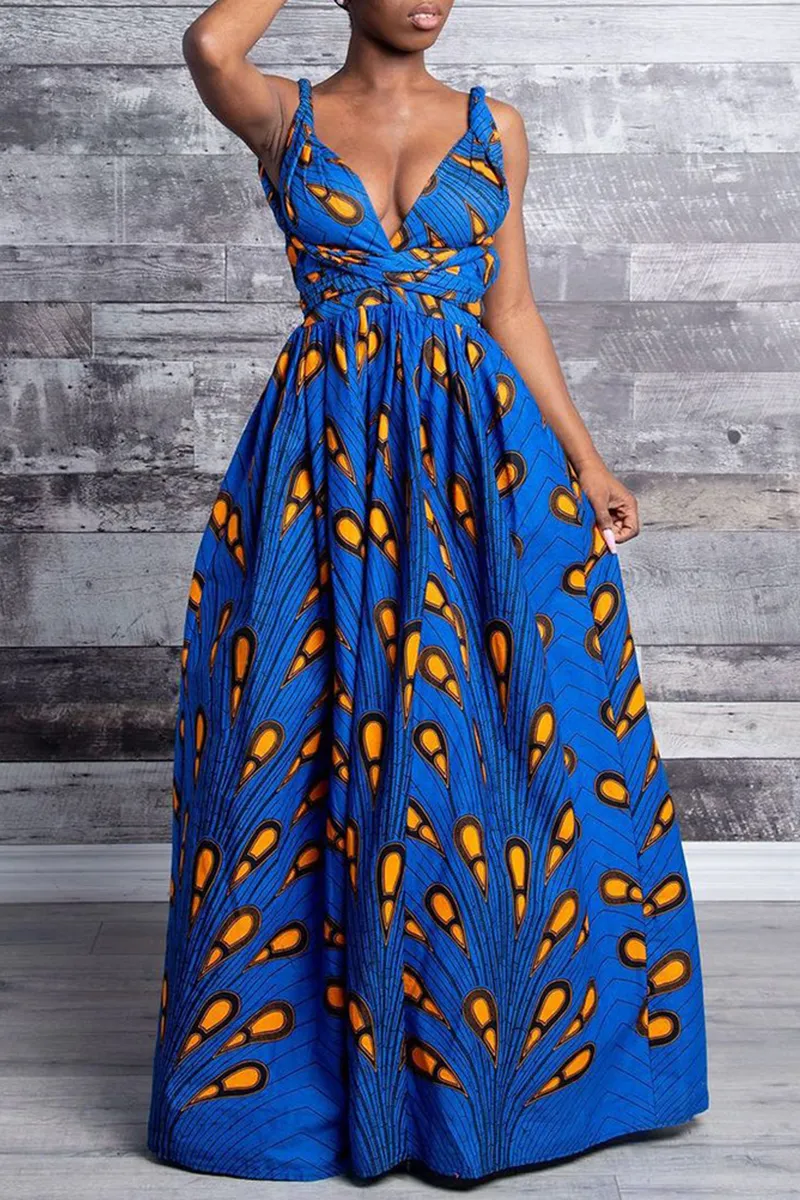 Vintage Print Backless V Neck A Line Dresses