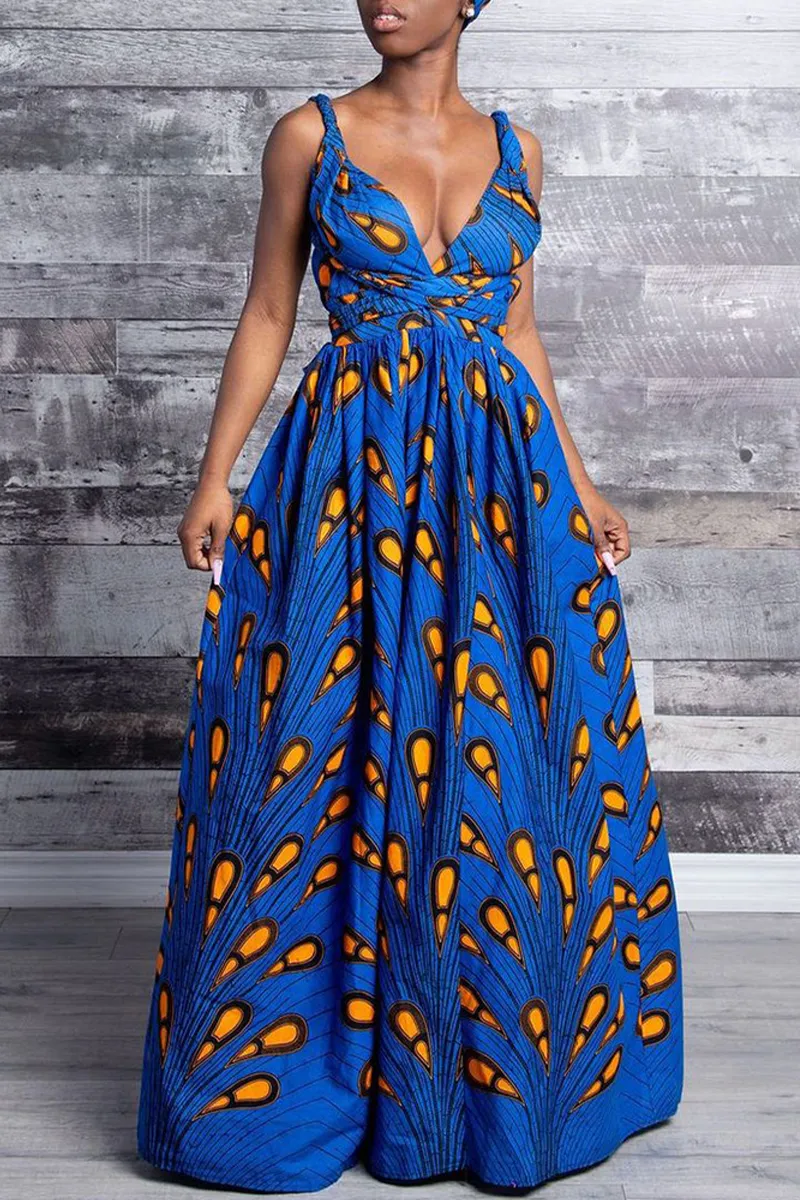 Vintage Print Backless V Neck A Line Dresses