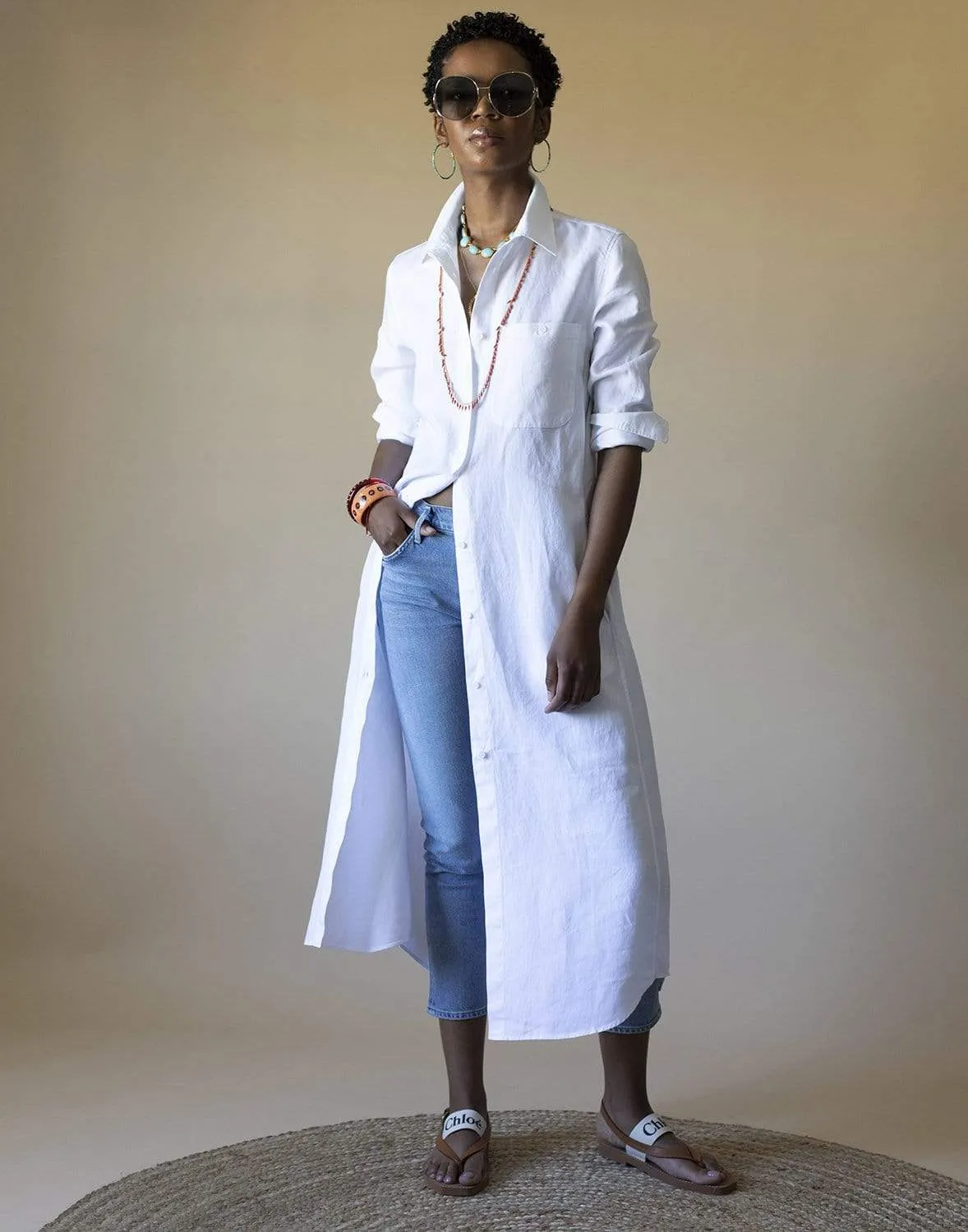 White Slub Linen Gabardine Shirt Dress