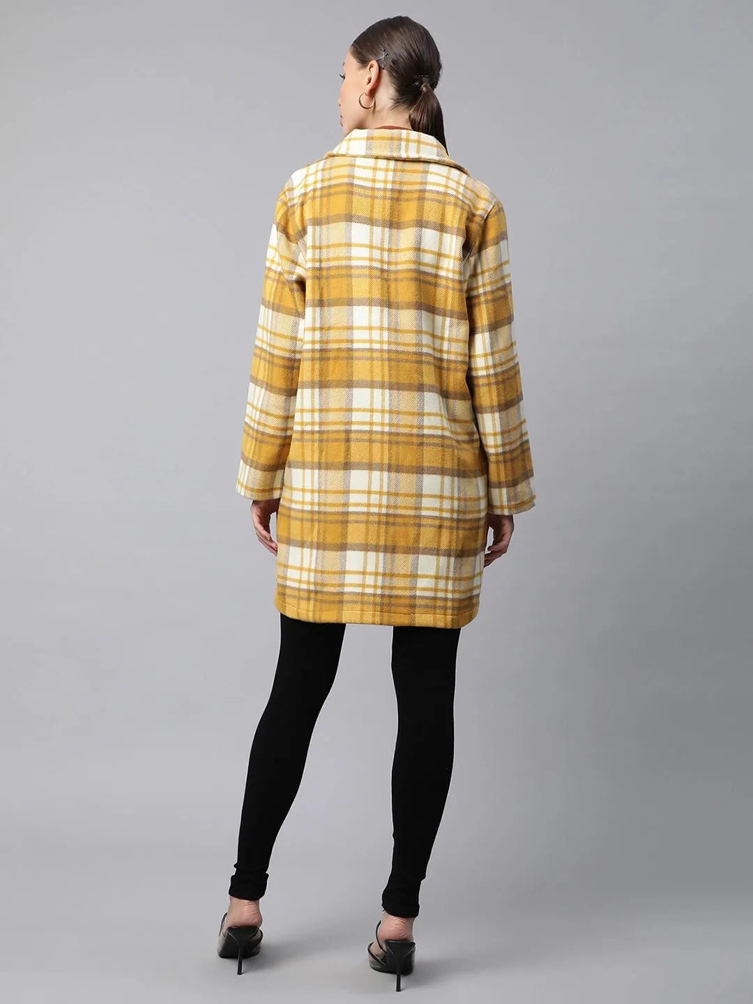 Women Mustard Relaxed Fit Checkered Single Breasted Coat