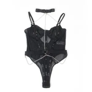 Women's Mesh Halter Bodysuit with Metal Chain