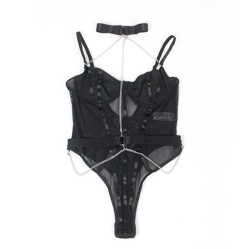 Women's Mesh Halter Bodysuit with Metal Chain