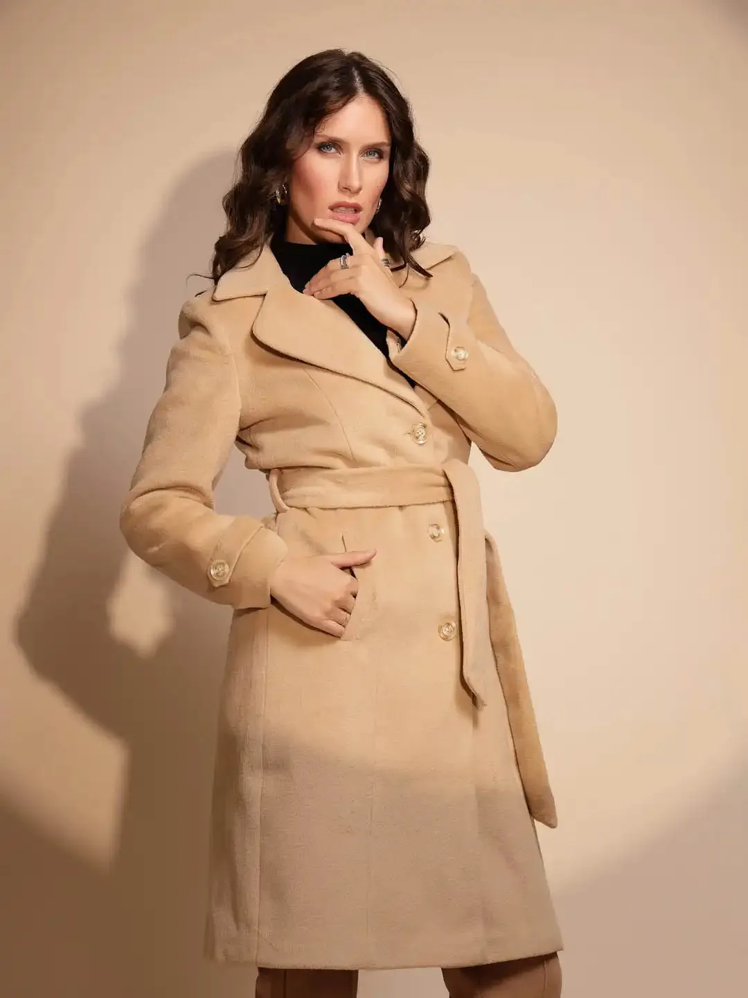 Women's Solid Collared Neck Brown Coat
