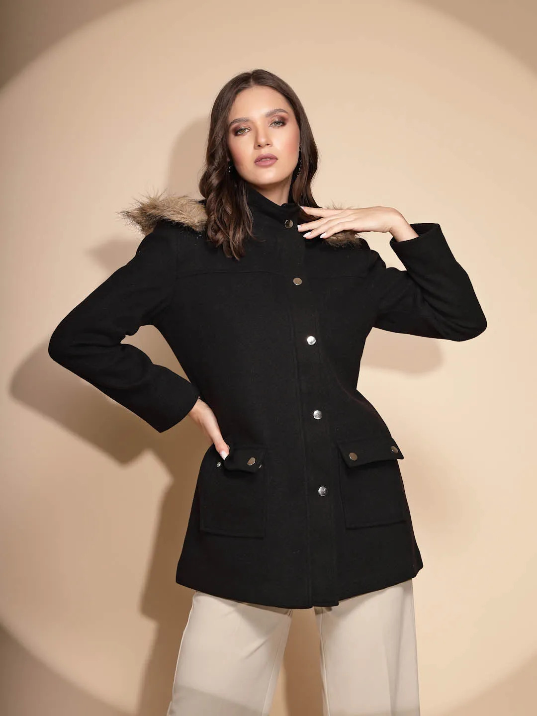 Women's Solid Hooded Black Coat