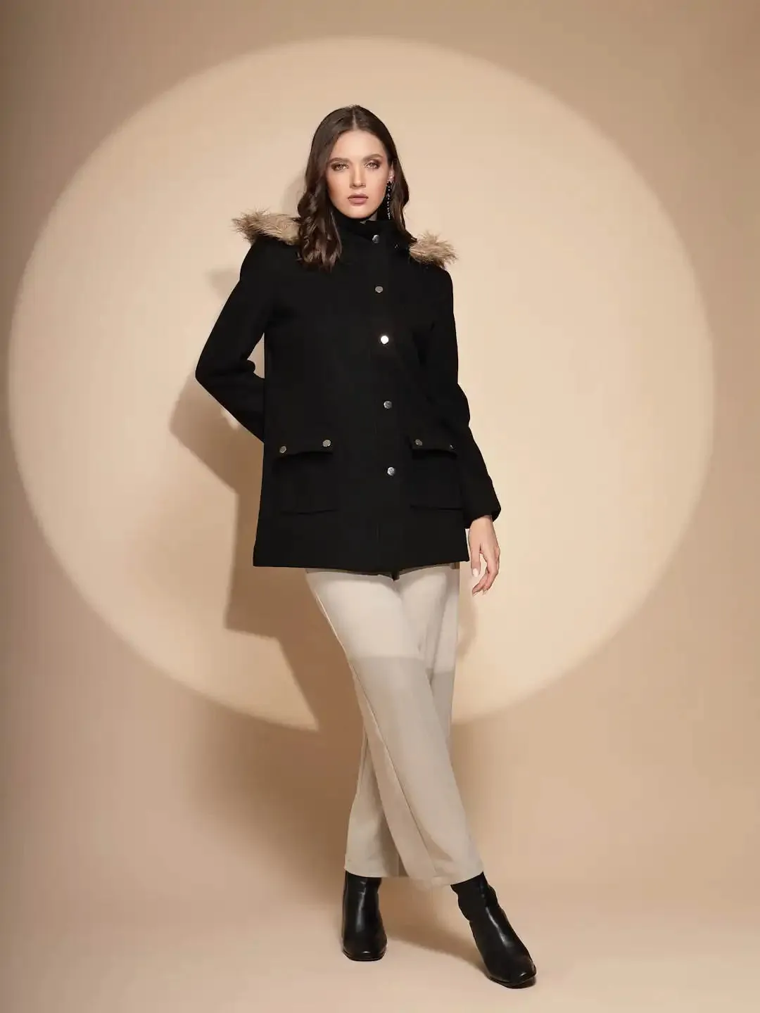 Women's Solid Hooded Black Coat