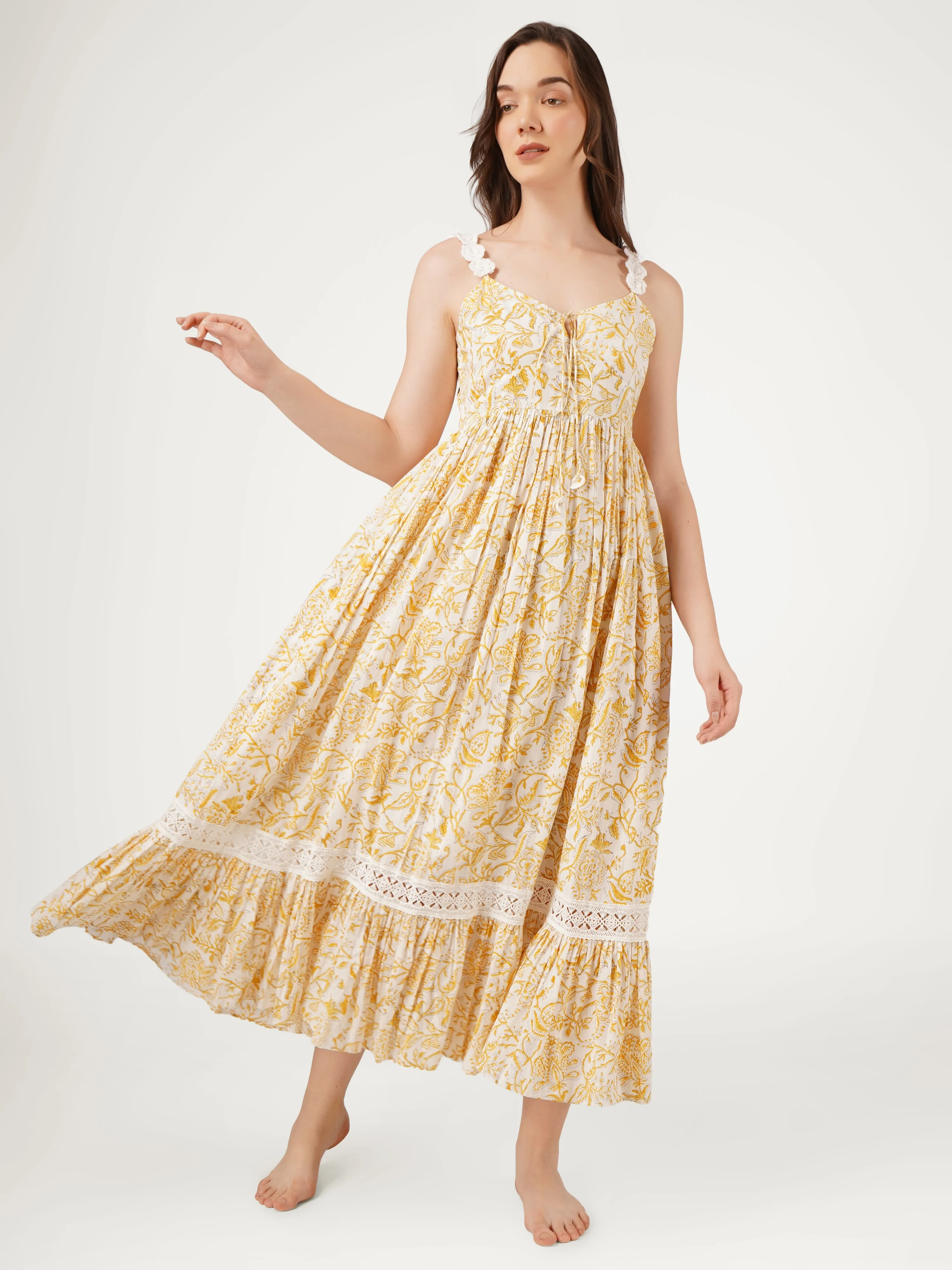 Yellow Cotton Strappy Boho Dress