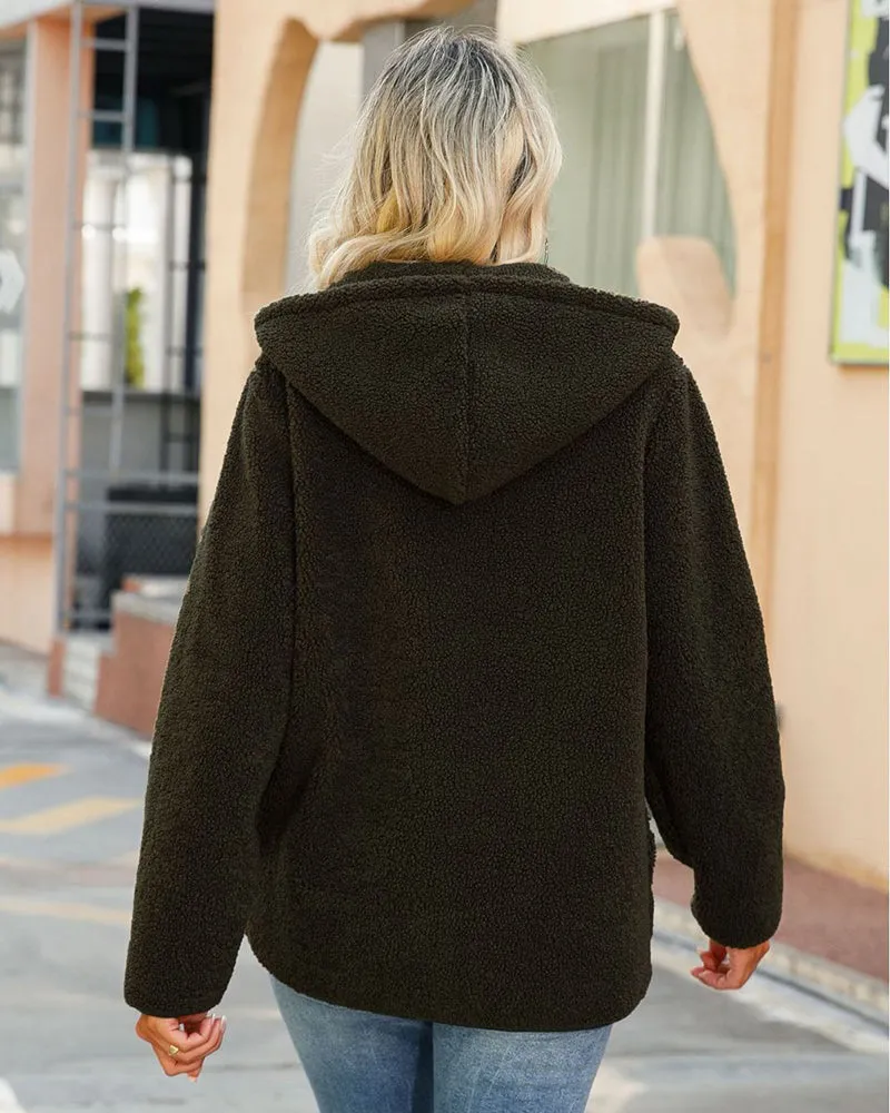 Zip Hooded Drawstring Teddy Coat